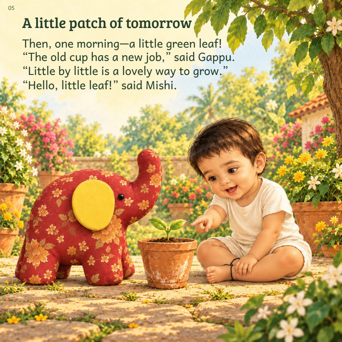 A page from Gappu and Mishi’s garden book, celebrating a little green leaf